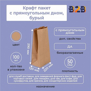 Крафт пакет с прямоугольным дном 220*120*290 мм 50 г/м2 бурый